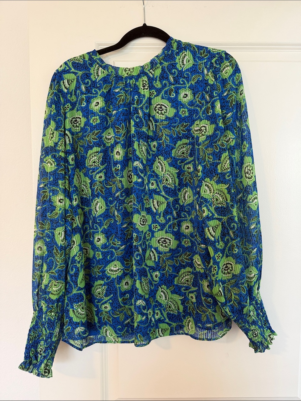 Blue and Green Floral Long-Sleeve Women's Blouse by